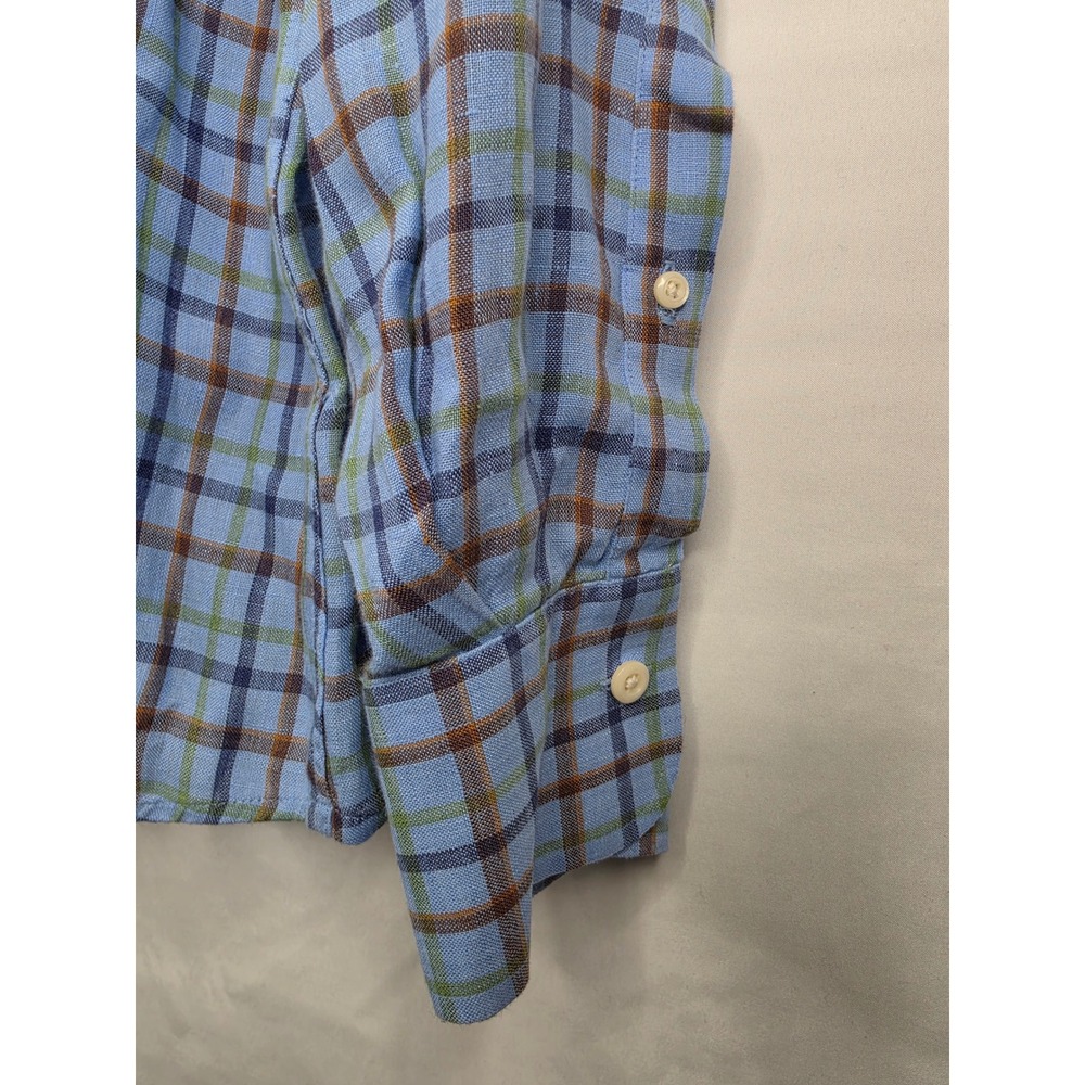 Peter Millar Mens XL Blue Plaid 100% Linen Long Sleeve Button Down Shirt - Picture 6 of 8